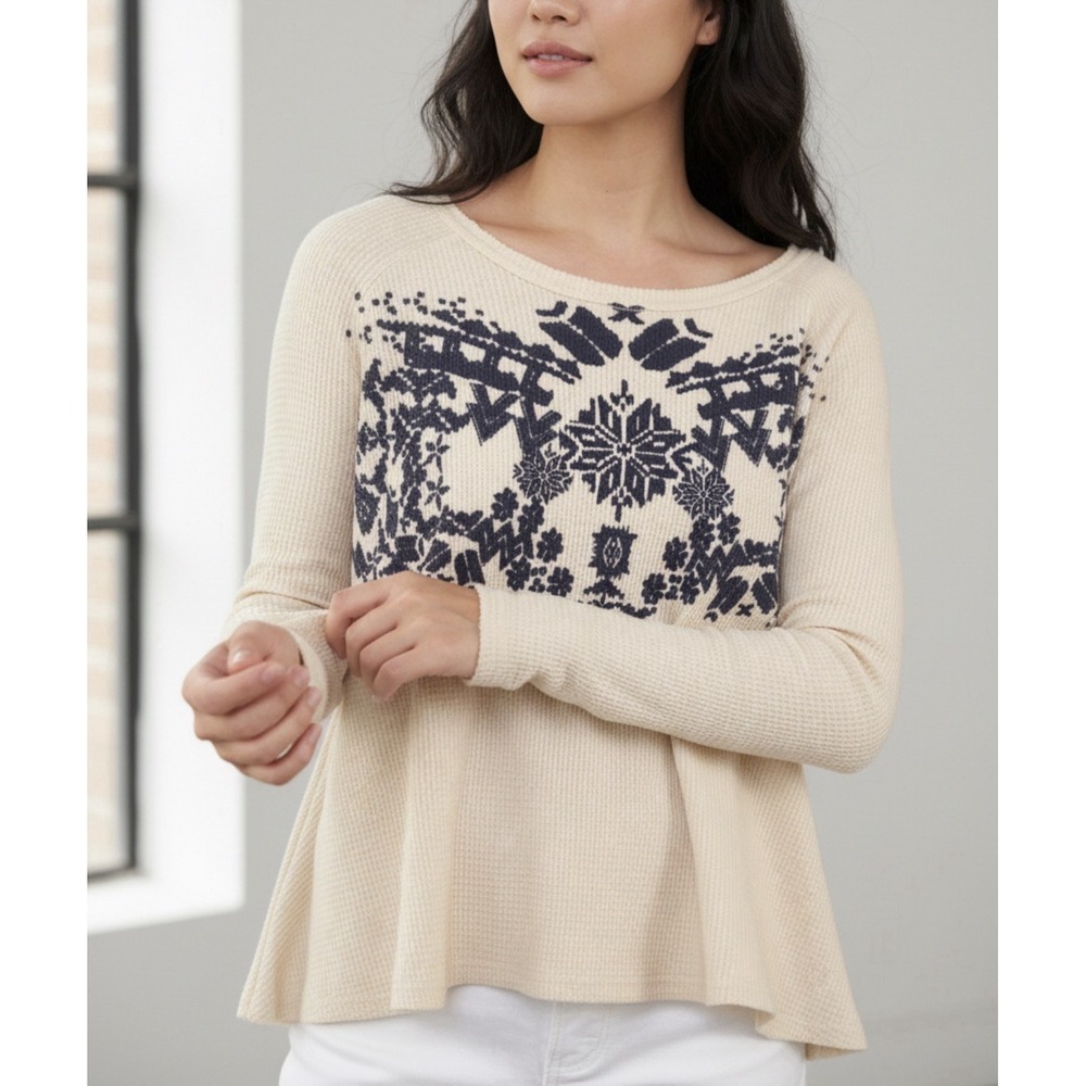 We The Free Snowflake Swing Thermal Top M Cream Navy Fair Isle‎ Boho Cottagecore